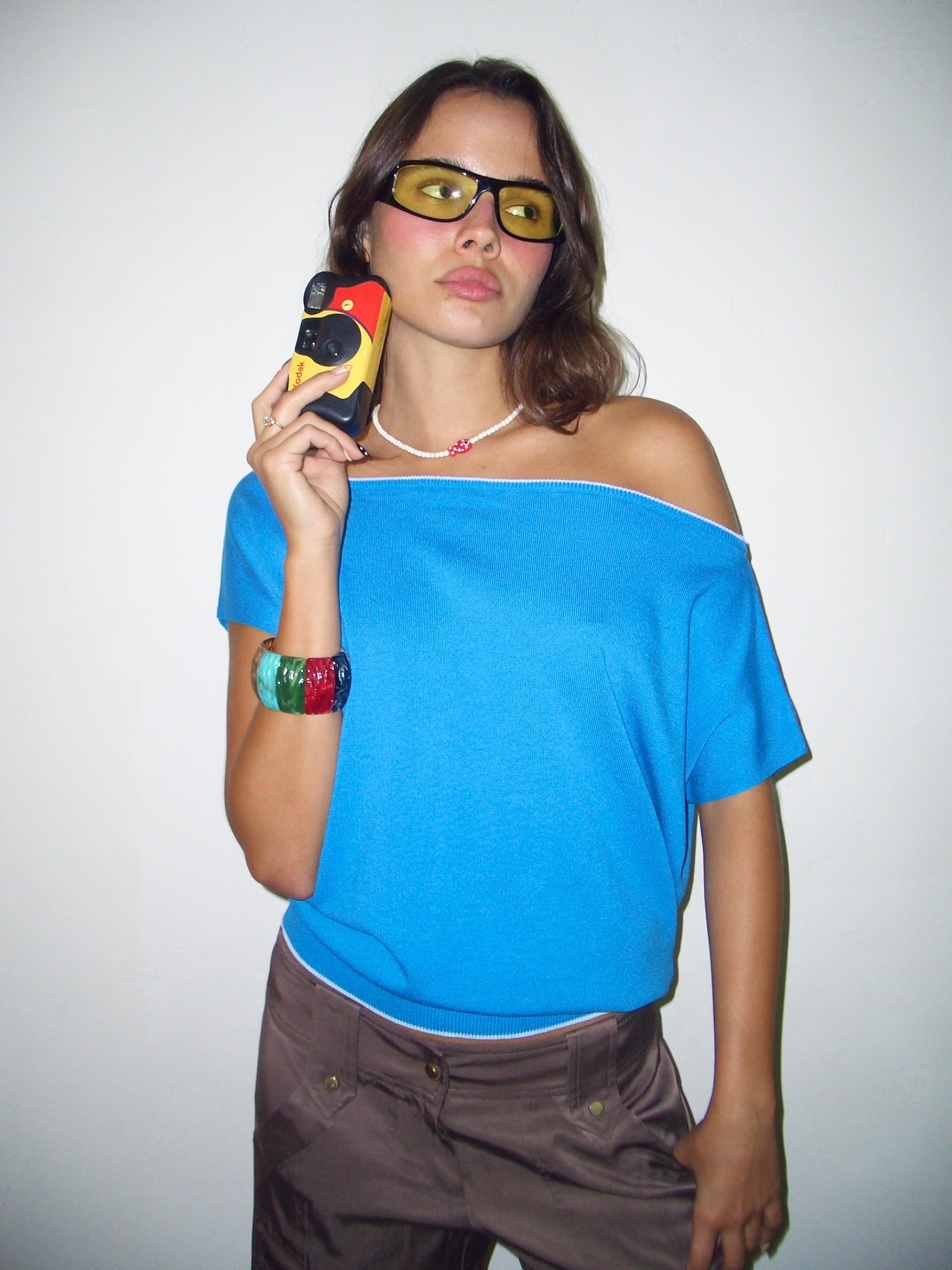 ariel knit off shoulder top / blue