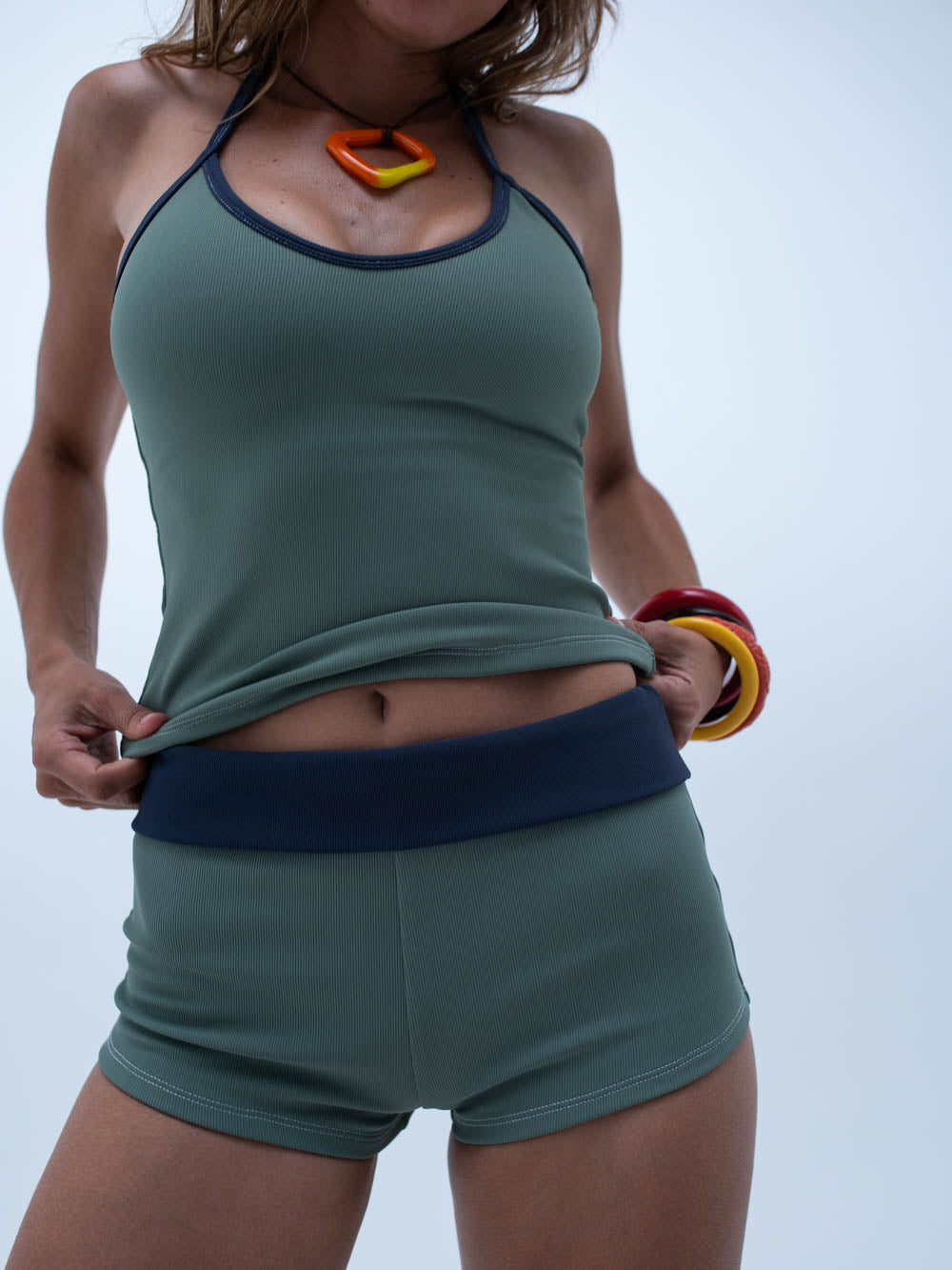 margo halter tank top / green + navy