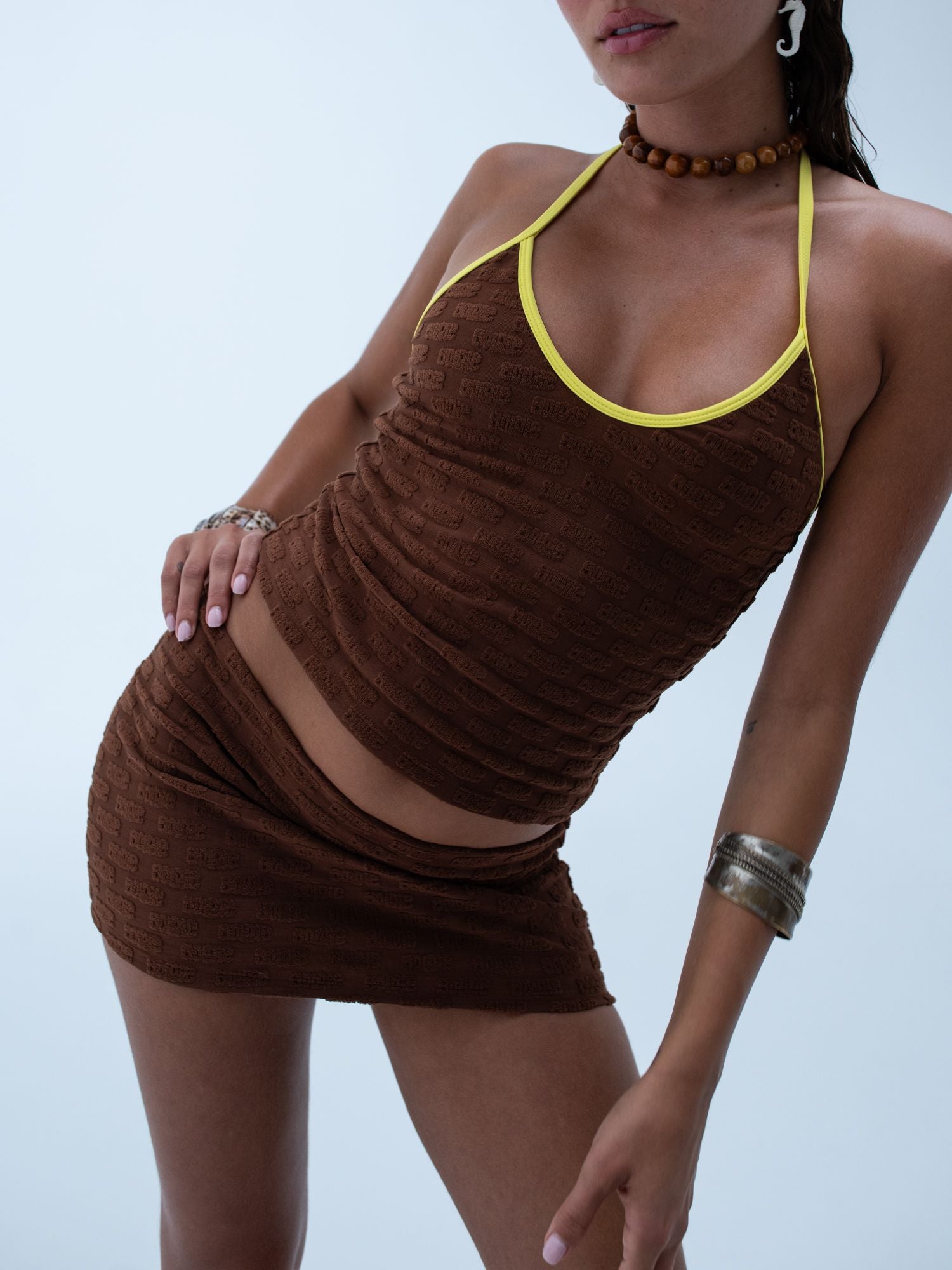 margo halter tank top / brown logo terry
